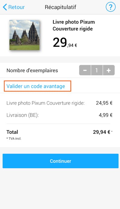 Utilisation d'un code avantage dans l'appli Pixum